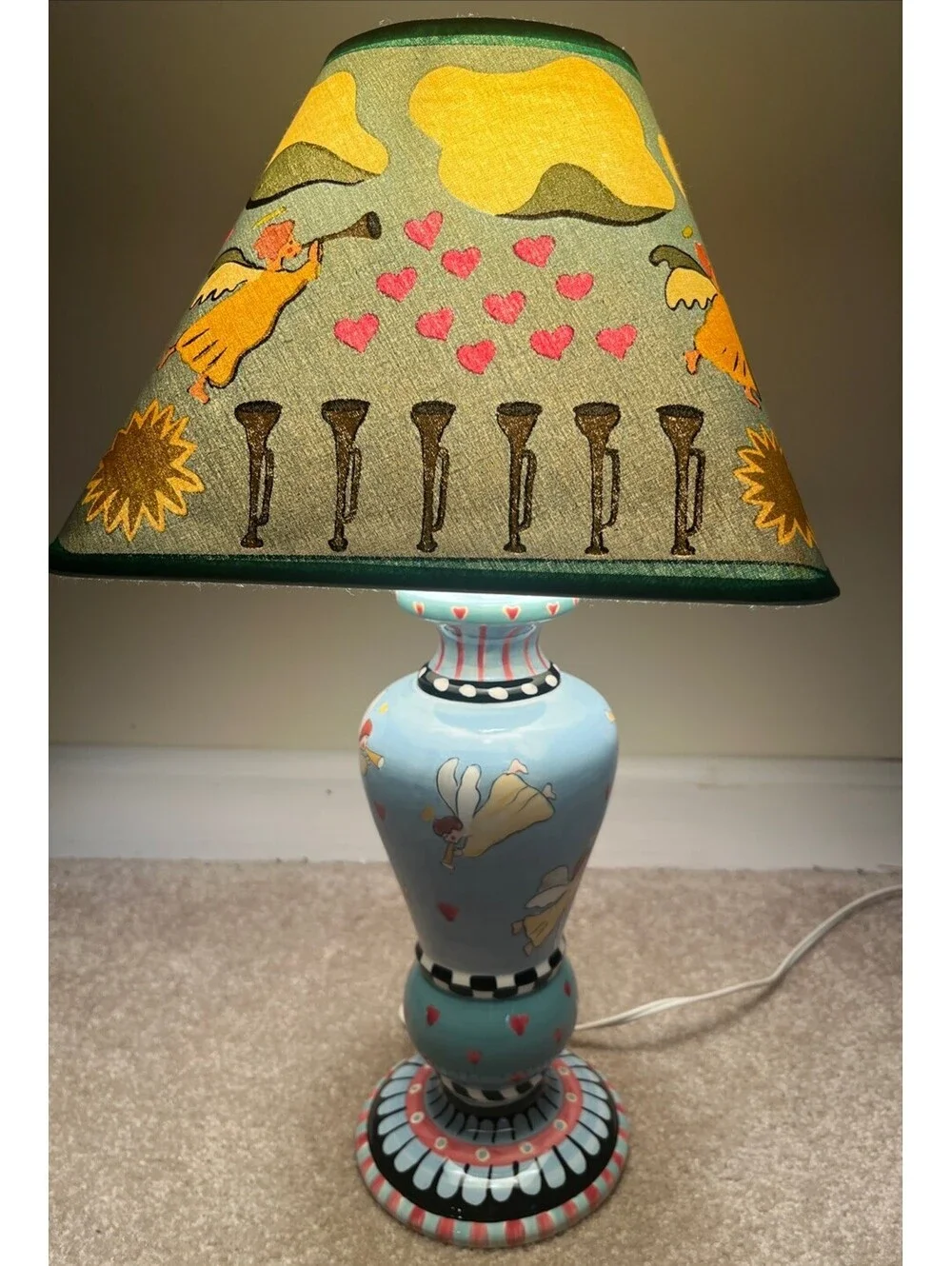Patricia Dupont Lamp Hand Painted Angels Hearts Table Lamp, Original  Shade 1997